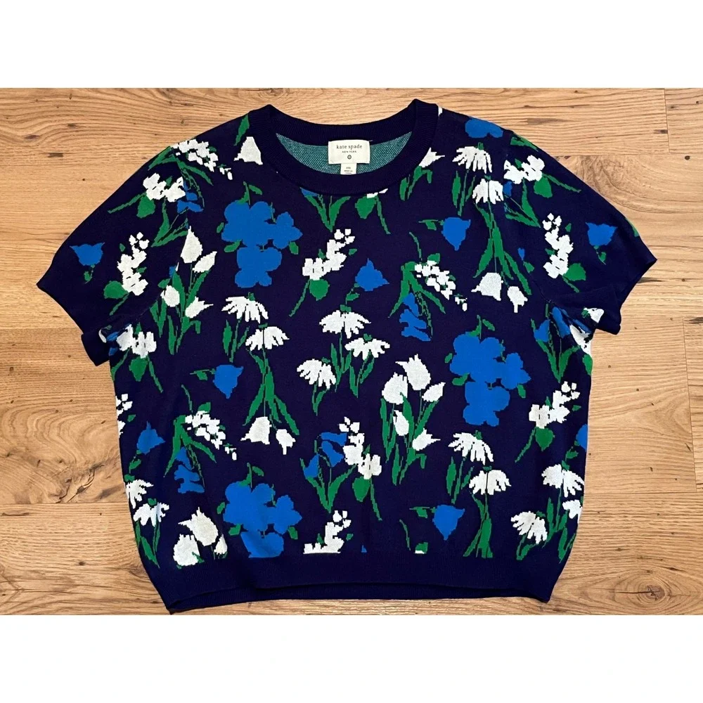 Kate Spade x Target Sweater Women's XXL Navy Blue Mixed Floral Short Sleeve Knit